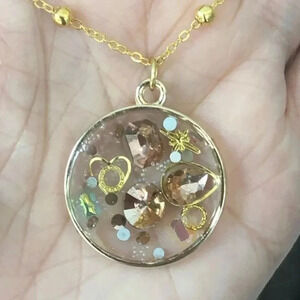 Handmade Pink Bejeweled Collage Resin Circle Ballet Coquette Gold Necklace